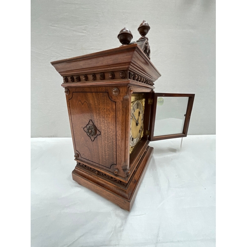 40 - VICTORIAN OAK BRACKET CLOCK WITH GILT FACE PIERCED FRETWORK AT BACK WITH KEY & PENDULUM 14