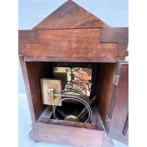 40 - VICTORIAN OAK BRACKET CLOCK WITH GILT FACE PIERCED FRETWORK AT BACK WITH KEY & PENDULUM 14