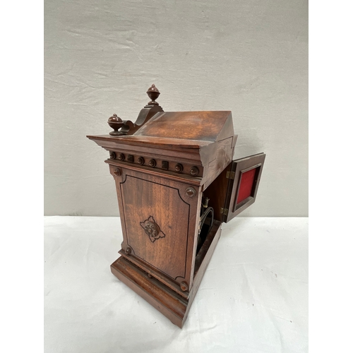 40 - VICTORIAN OAK BRACKET CLOCK WITH GILT FACE PIERCED FRETWORK AT BACK WITH KEY & PENDULUM 14