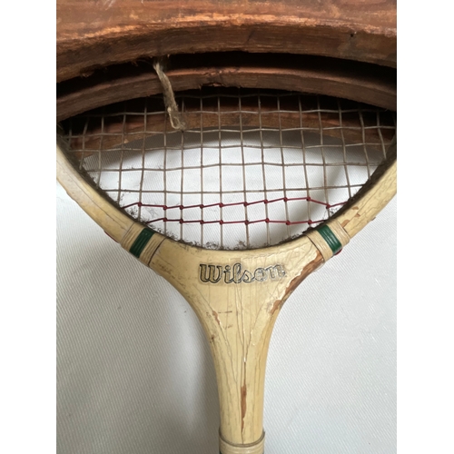 42 - COLLECTION OF VINTAGE TENNIS & SQUASH RAQUETS INCLUDING DUNLOP