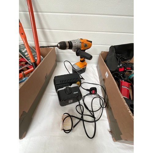 44 - 3 BOXES OF TOOLS TO INCLUDE ELECTRIC FRET SAW, JCB DRILL, VARIOUS CHISELS, ETC