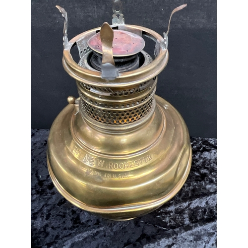 49 - 2 BRASS OIL LAMPS AND CEILING HANGING BRASS LAMP COMPLETE WITH CHAIN