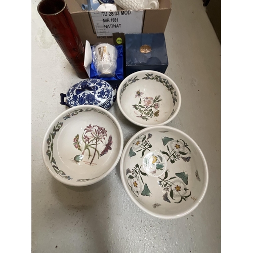 54 - 2 BOXES OF CHINA TO INCLUDE 3 LARGE PORT MERION BOWLS, WEDGEWOOD, PALLISEY ETC