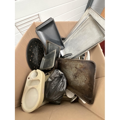 56 - 2 BOXES OF KITCHENWARE TO INCLUDE BAKING TINS, PHOENIX WARE ETC