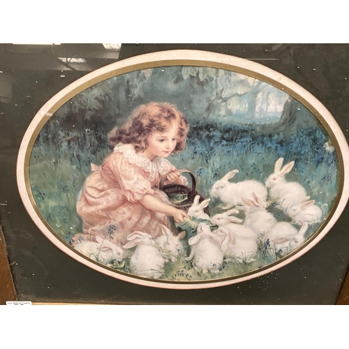 59 - VICTORIAN OAK FRAMED PRINT OF GIRL FEEDING RABBITS 28