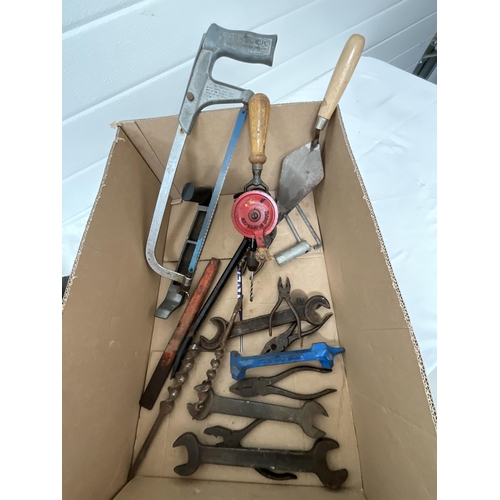 60 - QTY OF TOOLS AND CAST IRON FLAT IRONS ETC