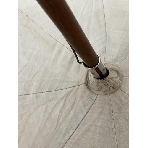 63 - ANTIQUE SILK PARASOL WITH LACE WORK DETAIL WITH CANE HANDLE