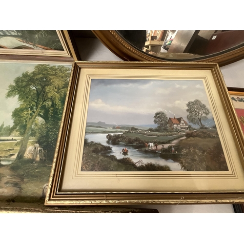 64 - QTY OF PICTURES INCLUDING OVAL GILT MIRROR, OIL PAINTING FARMER WITH SHEEP AND DOG SIGNED TO CORNER ... 