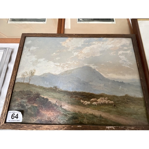 64 - QTY OF PICTURES INCLUDING OVAL GILT MIRROR, OIL PAINTING FARMER WITH SHEEP AND DOG SIGNED TO CORNER ... 