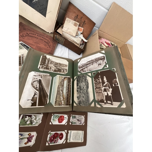 66 - LARGE BOX OF POSTCARDS, CIGARETTE CARDS, EPHEMERA