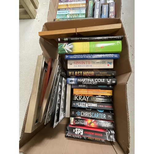 73 - 4 BOXES OF BOOKS INCLUDING DAN BROWN, CHRIS CARTER  AND QTY PHOTO FRAMES