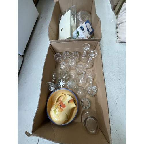 85 - 4 BOXES OF ASSORTED GLASSWARE , CARVED WOODEN DUCK & CAT, DENBY JUG,