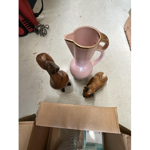 85 - 4 BOXES OF ASSORTED GLASSWARE , CARVED WOODEN DUCK & CAT, DENBY JUG,