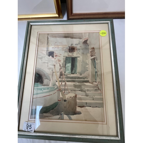 95 - 3 FRAMED WATERCOLOURS - 2 IN GILT FRAMES AND 1 OTHER - STREET SCENES - LARGEST 20