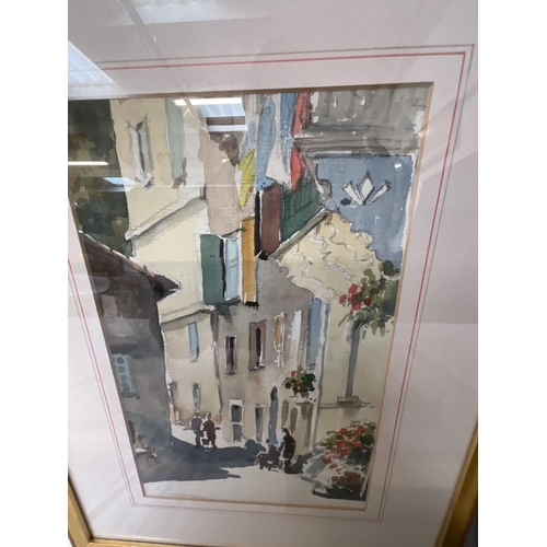 95 - 3 FRAMED WATERCOLOURS - 2 IN GILT FRAMES AND 1 OTHER - STREET SCENES - LARGEST 20