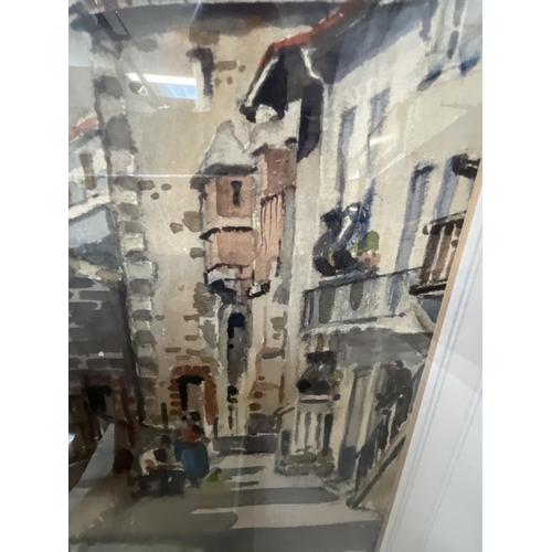 95 - 3 FRAMED WATERCOLOURS - 2 IN GILT FRAMES AND 1 OTHER - STREET SCENES - LARGEST 20