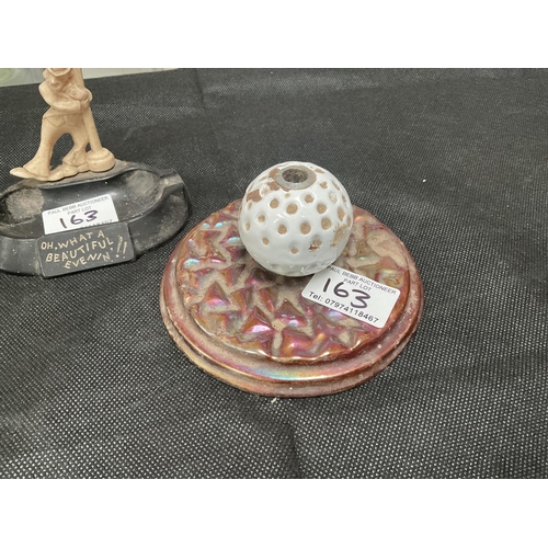 163 - COLLECTION OF 4 MILITARY PRINTS, OLD PIPE WITH SILVER HALLMARK COLLAR, CAST IRON GOLF BALL INKWELL