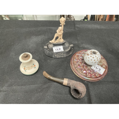 163 - COLLECTION OF 4 MILITARY PRINTS, OLD PIPE WITH SILVER HALLMARK COLLAR, CAST IRON GOLF BALL INKWELL