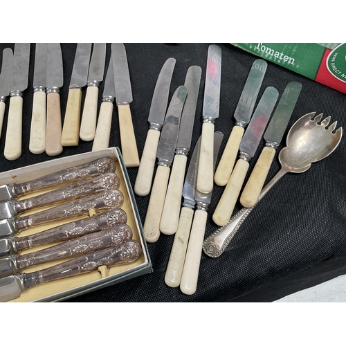 171 - 1 BOX OF VINTAGE CUTLERY TO INCLUDE KNIFES, FORKS SUGAR TONGS, BONE HANDLED BUTTER KNIVES