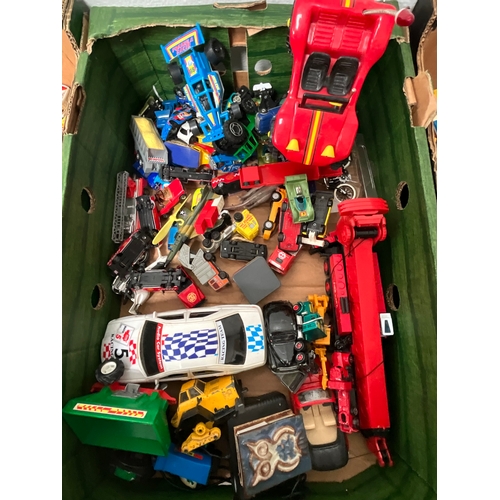 103 - 3 BOXES OF TOYS TO INCLUDE TRACTORS, CARS, DINKY, MATCHBOX ETC