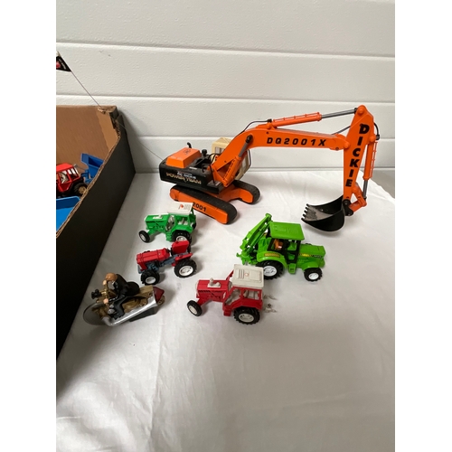 103 - 3 BOXES OF TOYS TO INCLUDE TRACTORS, CARS, DINKY, MATCHBOX ETC