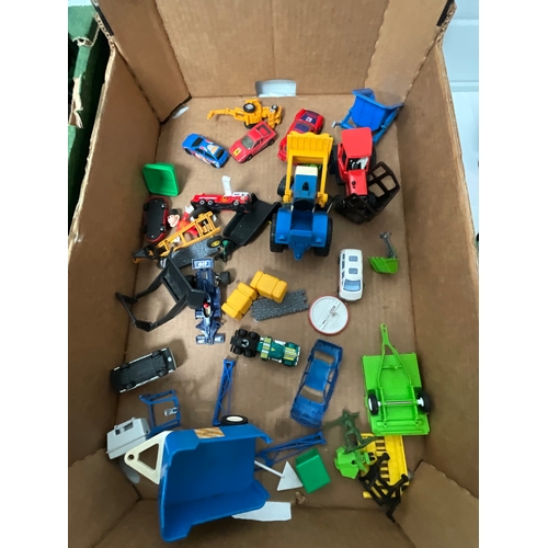 103 - 3 BOXES OF TOYS TO INCLUDE TRACTORS, CARS, DINKY, MATCHBOX ETC