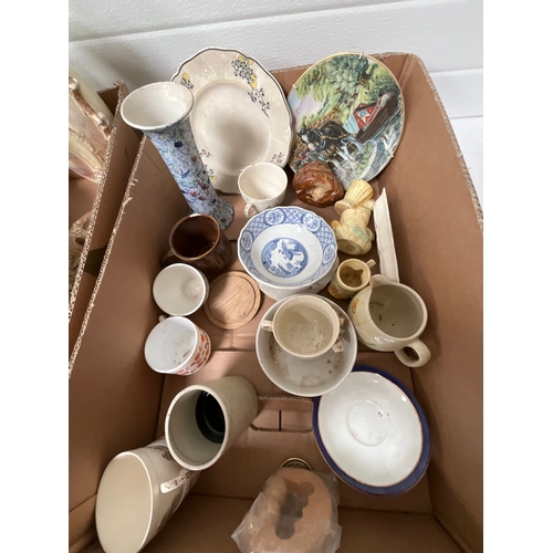 117 - 3 BOXES OF CHINA TO INCLUDE ARCOPAL 30 PIECE DINNER SET, MASONS PLATE, POTTERY, PLANTERS, SPODE PLAT... 