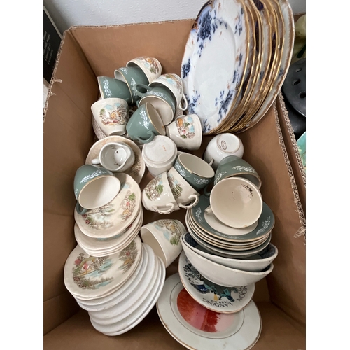 117 - 3 BOXES OF CHINA TO INCLUDE ARCOPAL 30 PIECE DINNER SET, MASONS PLATE, POTTERY, PLANTERS, SPODE PLAT... 