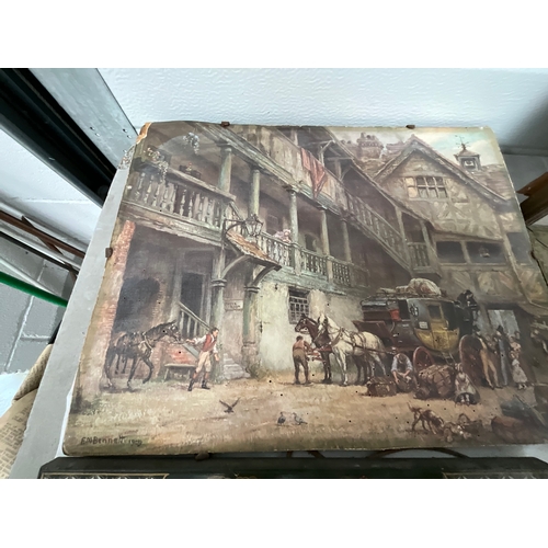 119 - BOX OF PICTURES TO INCLUDE VICTORIAN PRINTS, WATERCOLOUR, OIL ON CANVAS SIGNED T SMALLWOOD - LARGEST... 