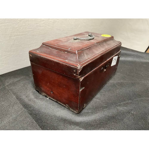 176 - TEA CADDY TO INCLUDE COLLECTABLES - SLIDE RULE, ADVERTISING TEA TAPE MEASURE, PEN KNIFE COLLECTABLE ... 