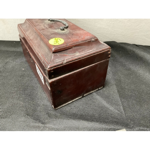 176 - TEA CADDY TO INCLUDE COLLECTABLES - SLIDE RULE, ADVERTISING TEA TAPE MEASURE, PEN KNIFE COLLECTABLE ... 