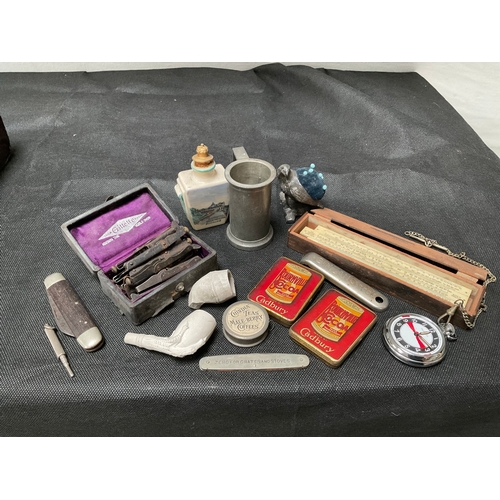 176 - TEA CADDY TO INCLUDE COLLECTABLES - SLIDE RULE, ADVERTISING TEA TAPE MEASURE, PEN KNIFE COLLECTABLE ... 