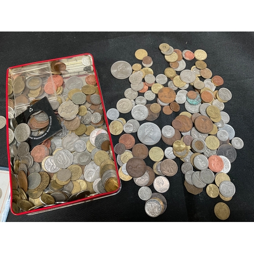 197 - TIN OF COINS TO INCLUDE BRITISH & FOREIGN CURRENCY COINS INCLUDING VICTORIAN WORN PENNIES