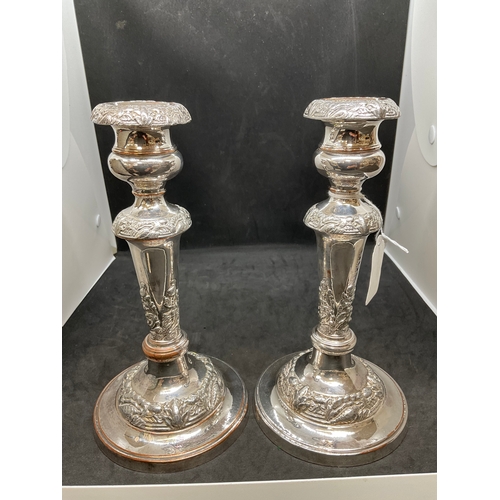 200 - GOOD QUALITY SILVER ON COPPER PAIR OF SILVER PLATED CANDLESTICKS H9