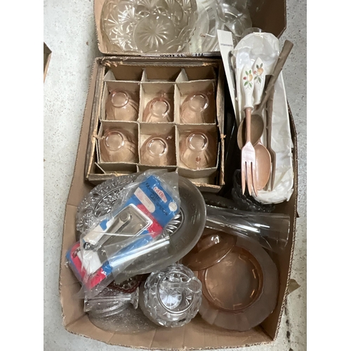 134 - 4 BOXES OF GLASSWARE TO INCLUDE COW BUTTER DISH, BOWL, MEASURING JUGS ETC