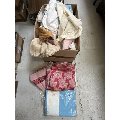 143 - 4 LARGE BOXES OF LINEN, MATERIAL, ETC