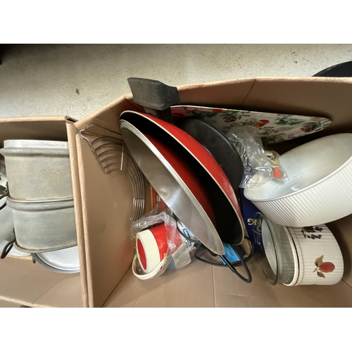 145 - 4 LARGE BOXES OF KITCHENWARE TO INCLUDE TOASTERS, SAUCPANS, STEAM IRON ETC