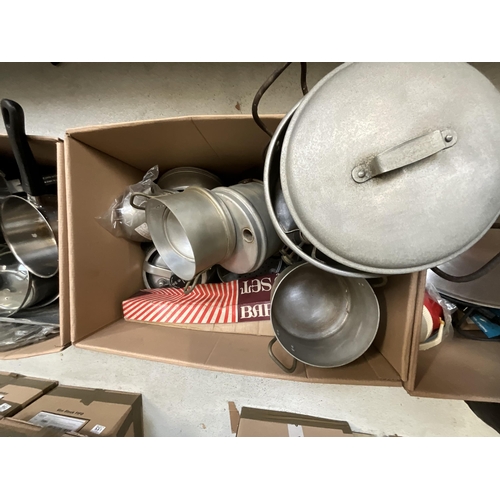 145 - 4 LARGE BOXES OF KITCHENWARE TO INCLUDE TOASTERS, SAUCPANS, STEAM IRON ETC