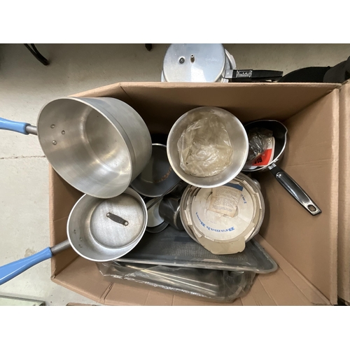 145 - 4 LARGE BOXES OF KITCHENWARE TO INCLUDE TOASTERS, SAUCPANS, STEAM IRON ETC