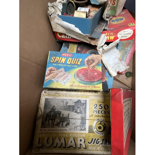 146 - 2 BOXES OF VINTAGE BOARD GAMES AND TOYS TO INCLUDE MINIATURE BOXED IRON, MAGIC ROBOT GAME, TABLE TEN... 