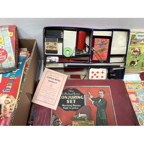 146 - 2 BOXES OF VINTAGE BOARD GAMES AND TOYS TO INCLUDE MINIATURE BOXED IRON, MAGIC ROBOT GAME, TABLE TEN... 