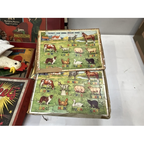 146 - 2 BOXES OF VINTAGE BOARD GAMES AND TOYS TO INCLUDE MINIATURE BOXED IRON, MAGIC ROBOT GAME, TABLE TEN... 