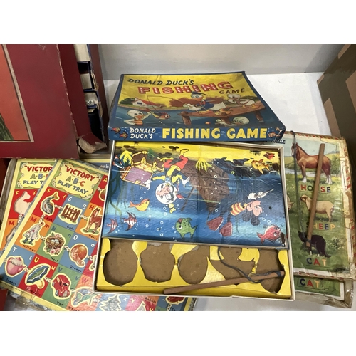 146 - 2 BOXES OF VINTAGE BOARD GAMES AND TOYS TO INCLUDE MINIATURE BOXED IRON, MAGIC ROBOT GAME, TABLE TEN... 