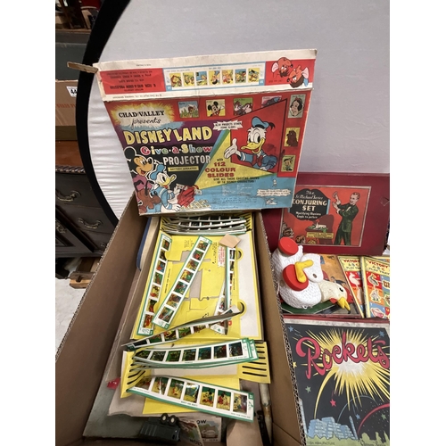 146 - 2 BOXES OF VINTAGE BOARD GAMES AND TOYS TO INCLUDE MINIATURE BOXED IRON, MAGIC ROBOT GAME, TABLE TEN... 