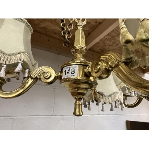 148 - BRASS EFFECT PAIR OF TRIPLE HANGING CEILING LIGHTS