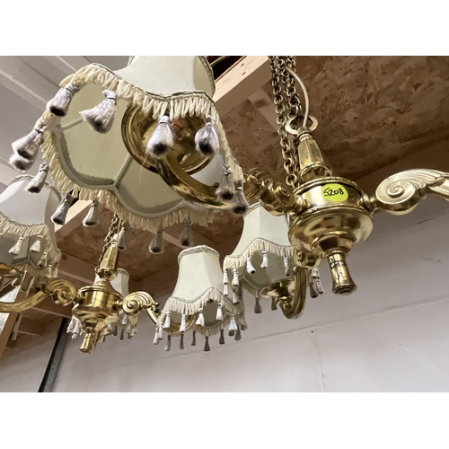 148 - BRASS EFFECT PAIR OF TRIPLE HANGING CEILING LIGHTS