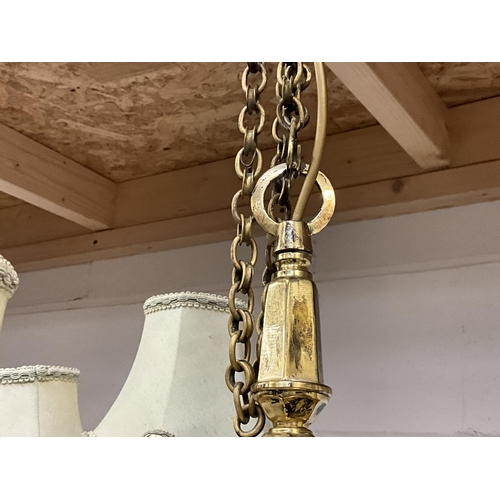 148 - BRASS EFFECT PAIR OF TRIPLE HANGING CEILING LIGHTS