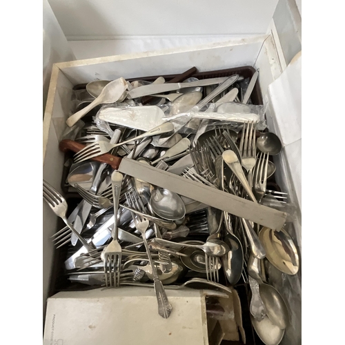 150 - 2 BOXES OF KITCHEN CUTLERY, FISH KNIFE SETS, ETC