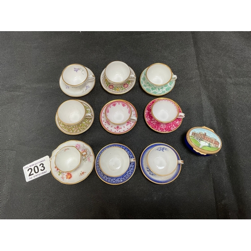 203 - QTY OF MINIATURE SPODE CABINET CUPS & SAUCERS  AND HALYCON DAYS PILL BOX