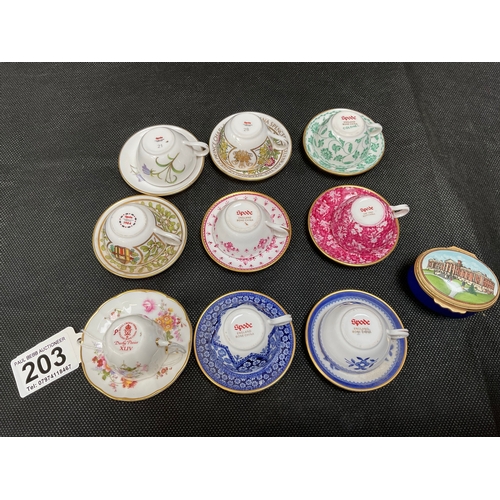 203 - QTY OF MINIATURE SPODE CABINET CUPS & SAUCERS  AND HALYCON DAYS PILL BOX